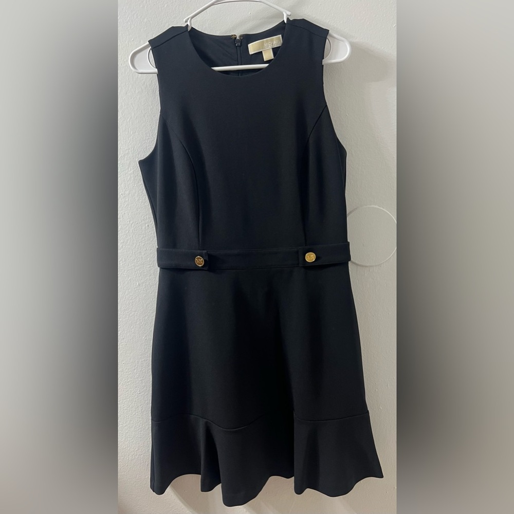 Michael Kors Black Midi Sheath Dress with Gold Logo Buttons